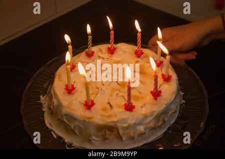 Primo piano di una torta di compleanno decorata con candele bruciate per la celebrazione dell'anniversario Foto Stock