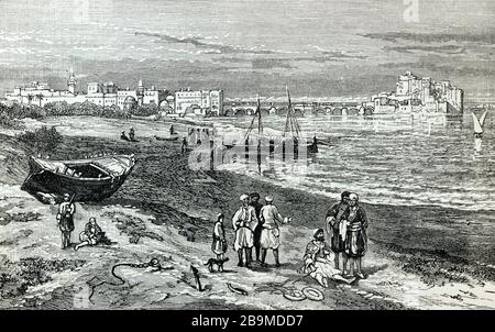 Stampa dell'antica Sidone Libano con il Castello del Mare di Sidone sullo sfondo Fortezza della Terra Santa dalla Palestina passato e presente Foto Stock