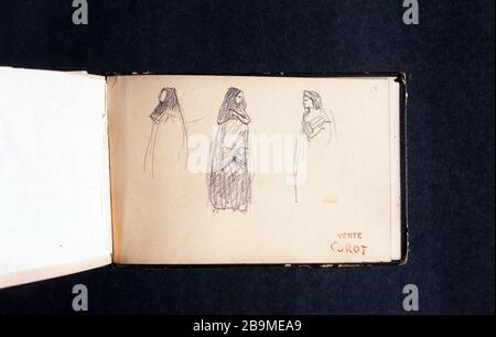 LIBRO DISEGNO COROT: TRE SILHOUETTE DI DONNE IN TEATRO COSTUME VENDITA E FRANCOBOLLO ROSSO COROT (PAGINA 63) JEAN-BAPTISTE CAMILLE COROT (1796-1875). Carnet de croquis de dessins de Corot : le sagome de femme en costume de théâtre et cachet rouge vente Corot (pagina 63). Crayon. Parigi, musée Carnavalet. Foto Stock