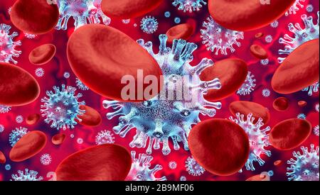 Virus nel sangue come focolaio di influenza e influenza di fondo come pericoloso contagioso sistema immunitario ceppo virale come una pandemia o malattia medica epidemica. Foto Stock
