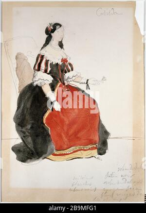 MODELLO DI COSTUMI PER RUY BLAS - CASILDA LOUIS BOULANGER (1806-1867). 'Maquette de Costumes pour Ruy Blas : Casilda'. Acquarelle. Parigi, Maison de Victor Hugo. Foto Stock