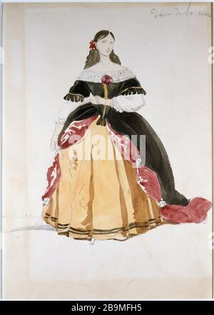 MODELLO DI COSTUMI PER RUY BLAS - SIGNORA DELLA CORTE LOUIS BOULANGER (1802-1885). 'Maquette de Costumes pour Ruy Blas : dame de la cour (robe noire, dessous jaune)'. Parigi, Maison de Victor Hugo. Foto Stock