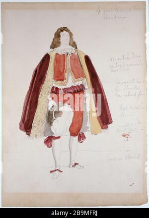 MODELLO DI COSTUMI PER RUY BLAS - SIGNORE DELLA CASA LOUIS BOULANGER (1806-1867). 'Acquette de costume pour Ruy Blas : gentilhomme de la chambre (manteau cramoisi, habit rouge)'. Parigi, Maison de Victor Hugo. Foto Stock