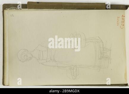 LIBRO DEI DISEGNI: PAYSANNE GIOVANE E FRANCOBOLLO ROSSO VENDITA COROT (PAGINA 12) CAMILLE-JEAN-BAPTISTE COROT (1796-1875). Carnet de croquis de dessins : jeune paysanne et cachet rouge vente Corot (pagina 12). Crayon. Parigi, musée Carnavalet. Foto Stock