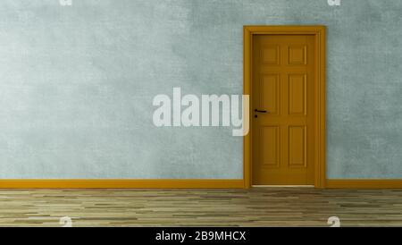 Porta in legno arancione con parete in cemento e pavimento in parquet rendering 3D Foto Stock