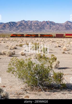 Treno cargo in lontananza passando attraverso il deserto di Mojave nella California meridionale Foto Stock