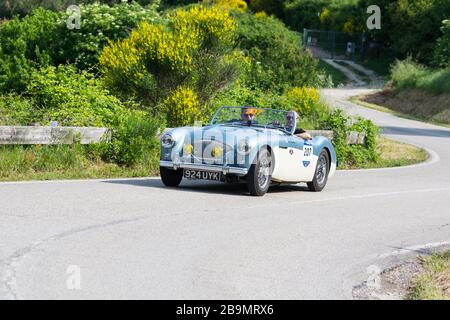 PESARO COLLE SAN BARTOLO , ITALIA - 17 MAGGIO - 2018 : AUSTIN HEALEY 100 M BN2 1955 su una vecchia auto da corsa in rally Mille miglia 2018 il famoso italiano HIS Foto Stock