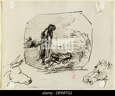 Persona di studio in un paesaggio in una vignetta incorniciato da due teste di cavallo (p. 88 dell'album). Jean-Baptiste Carpeaux (1827-1875). Etude de personne dans un paysage dans une vignette encaprée par deux têtes de chevaux (p. 88 de l'album). Dessin, entre 1870 e 1875. Musée des Beaux-Arts de la Ville de Paris, Petit Palais. Foto Stock