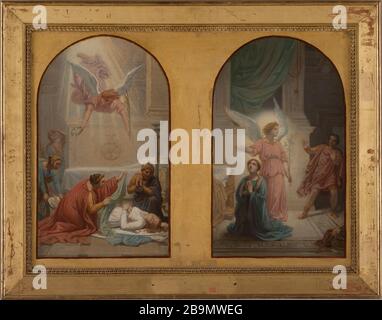 Schizzo per la chiesa di Sainte-Suzanne Saint Roch: 'L'imperatrice Prisca seppellendo il corpo di San Suzanne' - 'Maximien ricoiling alla vista dell'angelo che protegge Santa Suzanne Sébastien Louis Guillaume Norblin (1796-1884). Esquisse pour la chapelle Sainte-Suzanne de l'église Saint-Roch : 'l'impératrice Prisca ensevelissant le corps de sainte Suzanne' - 'Maximien reculant à la vue de l'ange qui protège sainte Suzanne''. Huile sur toile. 1857-1857. Musée des Beaux-Arts de la Ville de Paris, Petit Palais. Foto Stock