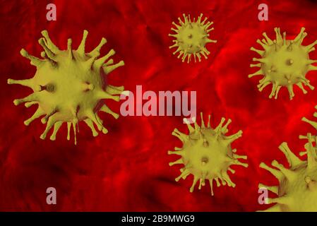 Coronavirus nel mondo. Gruppo di coronavirus gialli su sfondo rosso. Processi spiky del nuovo virus. Modelli 3D di batteri Foto Stock