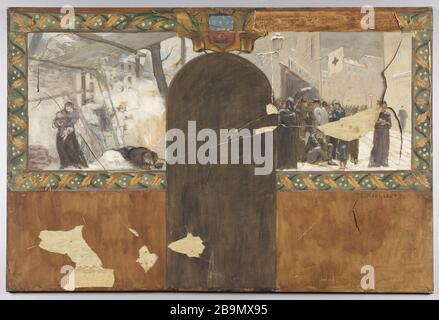 Schizzo per l'ufficio del Prefetto presso l'Hotel de Ville a Parigi: Il bombardamento di Parigi - la coda prima di un massacro comunale. Paul-Emile Mangeant (1868-?). Esquisse pour le cabinet du préfet à l'Hôtel de Ville de Paris : 'le bombardiement de Paris - la queue devant une boucherie municipale'. Huile et traits au crayon sur papier tendu sur toile, bandes décoratives à l'aquarelle sur papier rapportées, 1889. Musée des Beaux-Arts de la Ville de Paris, Petit Palais. Foto Stock