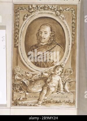 RITRATTO DI CORVO Ritratto di Pierre Corneille (1606-1684), auteur drammatique français. Illustrazione pour les 'oeuvres' de Jean Racine (1639-1699) - Volume 6 pagina 310. Estampe de Hubert Gravelot (1699-1773), 1768. Musée des Beaux-Arts de la Ville de Paris, Petit Palais. Foto Stock