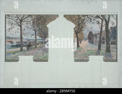 Schizzo per il sindaco di Asnieres: Paesaggio. Banche della Senna ad Asnieres Paul Léon Felix Schmitt (1856-1902). 'Paysagage. Quais de la Seine à Asnières'. Esquisse pour la mairie d'Asnières (Hauts-de-Seine). Huile et encre noire sur toile, 1901. Musée des Beaux-Arts de la Ville de Paris, Petit Palais. Foto Stock