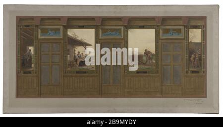 Schizzo per la sala da pranzo del ventesimo quartiere festivo di Parigi: Figure e scene allegoriche. Edouard Michel-Lançon. Esquisse pour la salle des fêtes de la mairie du XXe circondario di Parigi : Figures et scènes allégoriques. Huile et encre noire sur toile. 1884. Musée des Beaux-Arts de la Ville de Paris, Petit Palais. Foto Stock