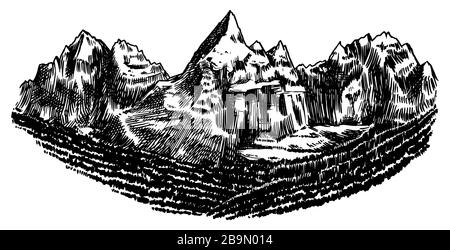 Alpi Montagne. Chamonix-Mont-Blanc Peaks. Roccia d'epoca, vecchi altopiani. Disegno vettoriale esterno disegnato a mano in stile inciso. Carta escursionistica Illustrazione Vettoriale