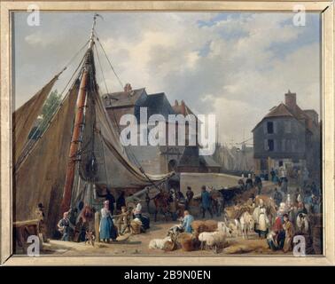 PORTO di HONFLEUR, SPEDIZIONE DI BESTIAME Auguste Anne Xavier Leprince (1799-1826). 'Port de Honfleur, l'embarquement des bestiaux'. Huile sur toile, vers 1823. Musée des Beaux-Arts de la Ville de Paris, Petit Palais. Foto Stock