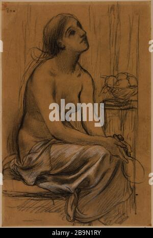 Studio per il dipinto 'Donna al suo gabinetto': Donna seduta (MCB 102) Pierre Puvis de Chavannes (1824-1898). Etude pour la peinture 'Femme à sa toilette' : Femme assise' (MCB 102). Fusain avec rehauts de blanc sur papier calque collé en plein sur cartone. Musée des Beaux-Arts de la Ville de Paris, Petit Palais. Foto Stock