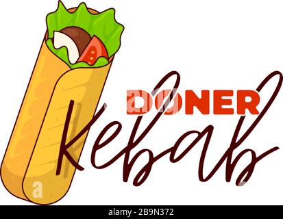 Doner kebab fast food rotolo di carne con iscrizione ristorante menu pubblicità simbolo modello di design. Pasto arabo orientale di shawarma toasty. Shaurma o burrito business emblema flat vettore illustrazione Illustrazione Vettoriale