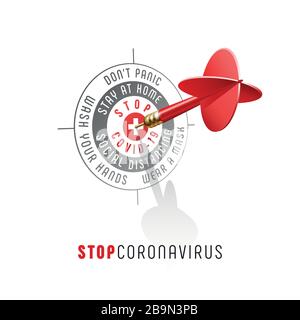 Fermata Coronavirus. Concetto di prevenzione dei virus. Red dart che colpisce il centro di prevenzione dei virus bersaglio. Illustrazione vettoriale isolata su sfondo bianco. Illustrazione Vettoriale
