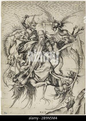 La tentazione di Sant'Antonio (Bartsch 47) Martin Schongauer (vers 1450-1495). La Tentation de saint Antoine (Bartsch 47). Gravure (burin), 1470-1475. Musée des Beaux-Arts de la Ville de Paris, Petit Palais. Foto Stock