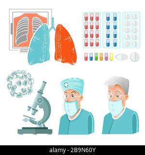 Corona virus medico in maschera, microscopio, farmaci, polmoni, molecola. Illustrazione Vettoriale