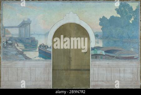 Schizzo per il sindaco di Asnieres: Paesaggio. Chiatte sulla Senna con il ponte di Asnieres Henry Marius Camille Bouvet (1859-1945). 'Paysagage. Péniches sur la Seine, avec le pont d'Asnières'. Esquisse pour la mairie d'Asnières (Hauts-de-Seine). Huile sur toile, 1900. Musée des Beaux-Arts de la Ville de Paris, Petit Palais. Foto Stock