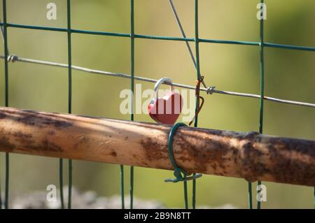lucchetto rosso a forma di cuore appeso a una ringhiera Foto Stock