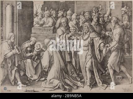 Adorazione dei Magi (Bartsch 37) Lucas de Leyde. L'Adoration des Mages (Bartsch 37). Burin. 1513. Musée des Beaux-Arts de la Ville de Paris, Petit Palais. Foto Stock
