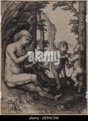 Il ragazzo sulla tromba (Bartsch 152) Lucas de Leyde (1494-1533). Le Garçon à la trompette (Bartsch 152). Burin. 1508. Musée des Beaux-Arts de la Ville de Paris, Petit Palais. Foto Stock