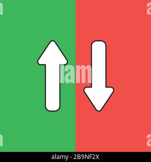 Concetto di icona vettoriale di due frecce rivolte verso l'alto e verso il basso. Colore bianco con contorni neri e sfondo verde e rosso. Illustrazione Vettoriale