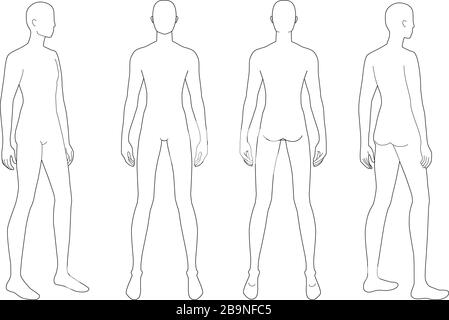 Modello di moda di uomini in piedi. 9 dimensioni testa per disegno tecnico. Uomini figura vista anteriore, 3-4 e posteriore. Vector Outline boy per schizzi e illustrazioni di moda. Illustrazione Vettoriale