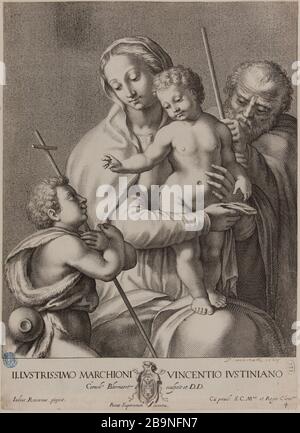 Santa Famiglia e San Giovanni Battista dopo Jules Romain (Dutuit p. 28, le Blanc 19) Cornelis II Bloemaert, dit le Jeune (1603-1692). Sainte Famille et Saint Jean Baptiste d'après Jules Romain (Dutuit p. 28, le Blanc 19). Burin, siècle XVIIe. Musée des Beaux-Arts de la Ville de Paris, Petit Palais. Foto Stock