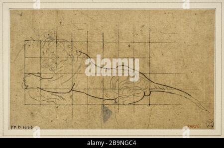 Tigre mentito sinistra Antoine-Louis Barye (1796-1875). Tigre couché à gauche. Crayon sur papier bis. Musée des Beaux-Arts de la Ville de Paris, Petit Palais. Foto Stock