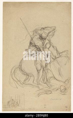 San Giorgio uccide il drago (davanti) Louis Devedeux (1820-1874). Saint Georges terrassant le dragon (au recto). Crayon grahite et fusain sur papier. Musée des Beaux-Arts de la Ville de Paris, Petit Palais. Foto Stock