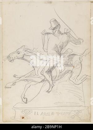 Ritratto-carica di un uomo a cavallo (Masour?) / Ritratti-carico: Due teste di profilo e un uomo che cammina Foto Stock