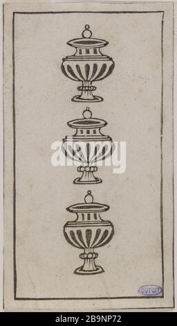 Giochi di carte Fiorentino. Numero tre in una serie di 35 pezzi Francesco di Domenico dit, il Padovano (vers 1500-1571). "Jeux de Cartes florentin. Numéro trois d'une série de 35 pièces'. Gravure sur bois en noir et blanc. 1547. Musée des Beaux-Arts de la Ville de Paris, Petit Palais. Foto Stock