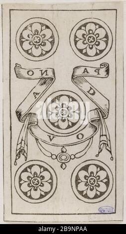 Carte fiorentine del gioco: Trenta in una serie di 35 pezzi Francesco di Domenico dit, il Padovano (vers 1500-1571). "Jeu de Cartes florentin. Numéro trente d'une série de 35 pièces'. Gravure sur bois en noir et blanc. 1547. Musée des Beaux-Arts de la Ville de Paris, Petit Palais. Foto Stock