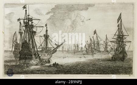 Diverse navi e navi mercantili 3: Flotta-marcahnd all'ancora (Hollstein 90) Renier Zeeman (vers 1623-1667). Plusieurs vaisseaux et navige-marchands n°3 : à de navige-marcahnd, l'ancre (Hollstein 90). Eau-forte, 1652. Musée des Beaux-Arts de la Ville de Paris, Petit Palais. Foto Stock