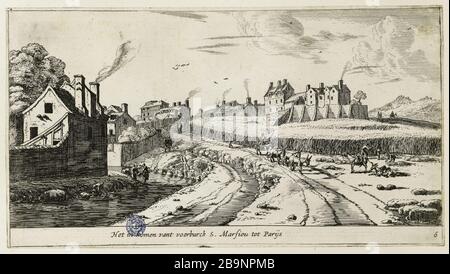 Viste di Parigi 6: Ingresso del Faubourg St. Marceau vicino Parigi (Hollstein 70) Renier Zeeman (vers 1623-1667). Vues de Paris n°6 : Entrée du Faubourg de Saint-Marceau près de Paris (Hollstein 70). Eau-forte, Milieu du XVIIème siècle. Musée des Beaux-Arts de la Ville de Paris, Petit Palais. Foto Stock