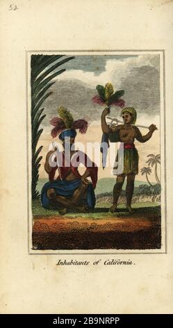 Abitanti della California, America, 1818. Indossano indirizzi di piuma e la donna indossa una gonna d'erba e porta un cesto su un bastone. La terra era abitata da Chumash, Ohlone, Maidu, Miwok, Yokuts e altre tribù. Incisione su copperplate a mano da un presente geografico di Mary Anne Venning descrizioni dei principali Paesi del mondo, Darton, Harvey e Darton, Londra, 1818. Venning scrisse libri educativi su geografia, conchologia e mineralogia all'inizio del XIX secolo. Foto Stock