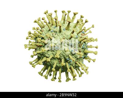 Struttura molecolare di un giallo-verde COVID-19 Corona influenza Virus - 3D Illustrazione Coronavirus su sfondo bianco Foto Stock