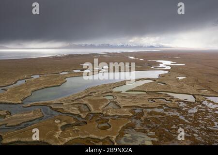 Modelli aerei astratti di zone umide vicino al lago Chatyr-Kul in Kirghizistan. La Convenzione di Ramsar sulle zone umide di importanza internazionale in particolare un Foto Stock