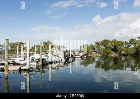 Motoscafi National Pak Service ormeggiati al Convoy Point nel Parco Nazionale di Biscayne a Homestead, Florida, USA Foto Stock