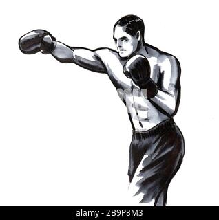 Formazione di boxe. Disegno a inchiostro e acquerello Foto Stock