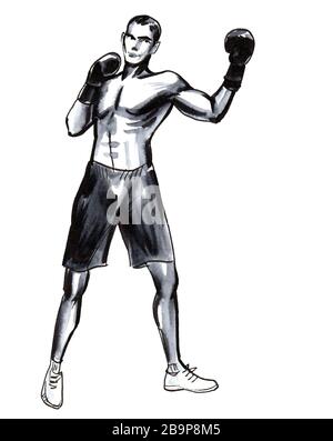 Formazione di boxe. Disegno a inchiostro e acquerello Foto Stock