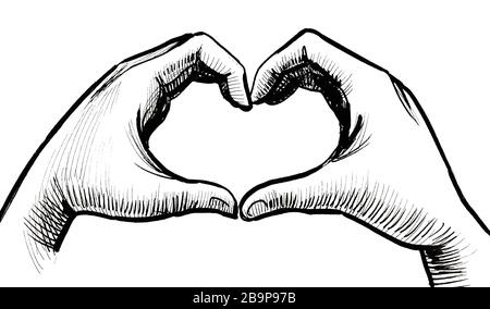 Forma del cuore che fa la mano. Disegno in bianco e nero con inchiostro Foto Stock