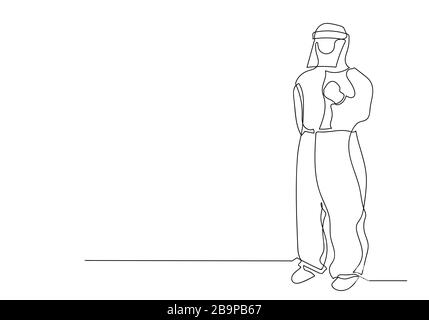 Una linea continua di medici professionisti che indossano maschera facciale o medica per proteggere dal coronavirus, l'illustrazione COVID-19 simbolo Foto Stock