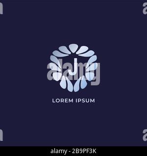 Lettera J modello di disegno del logo alfabetico. Lussuoso logo alfabetico decorativo isolato su sfondo blu scuro. Logo in argento metallizzato Illustrazione Vettoriale