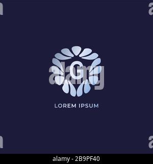Lettera G modello di disegno del logo alfabetico. Lussuoso logo alfabetico decorativo isolato su sfondo blu scuro. Logo in argento metallizzato Illustrazione Vettoriale