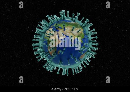 3d cgi rendere il concetto di pianeta terra circondato dal coronavirus covid-19 contro uno spazio nero e stelle sfondo Foto Stock